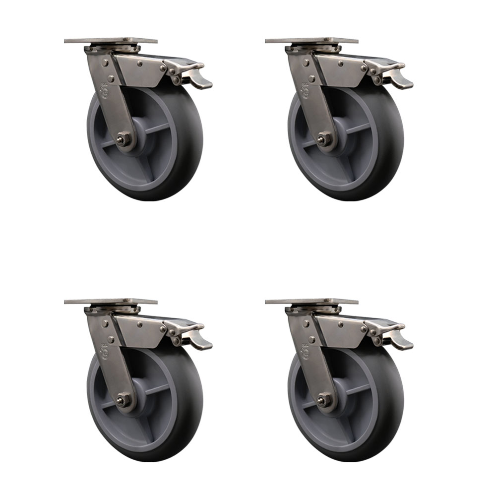 316 Stainless Steel Heavy Duty Swivel Caster Set of 4 with 8 Inch Thermoplastic Rubber Donut Tread Wheels and Ball Bearings - Includes 4 Swivel with Total Lock Brakes - Service Caster Brand — photo 1
