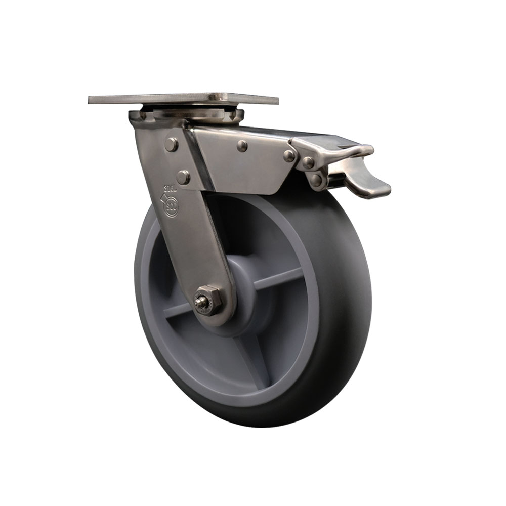 316 Stainless Steel Heavy Duty Swivel Top Plate Caster with Total Lock Brake and 8 Inch Thermoplastic Rubber Donut Tread Wheel with Delrin Bearings - 600 lbs. Capacity/Caster - Service Caster Brand — photo 1