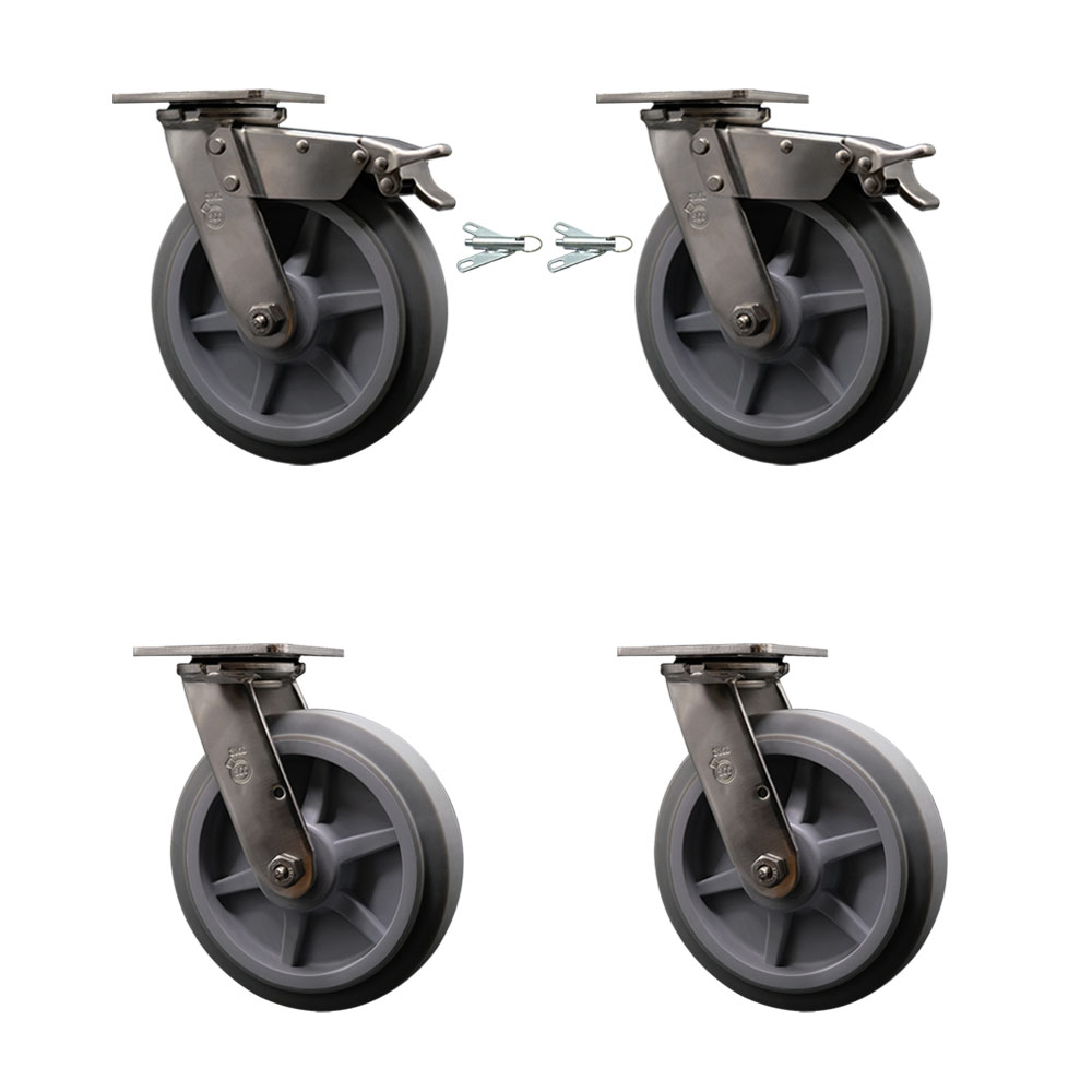 316 Stainless Heavy Duty Swivel Caster Set with 8 Inch Thermoplastic Rubber Flat Tread Wheels and Delrin Bearing-Include 2 Swivel with Total Lock Brake and 2 Swivel w/Swivel Lock- Service Caster Brand — photo 1