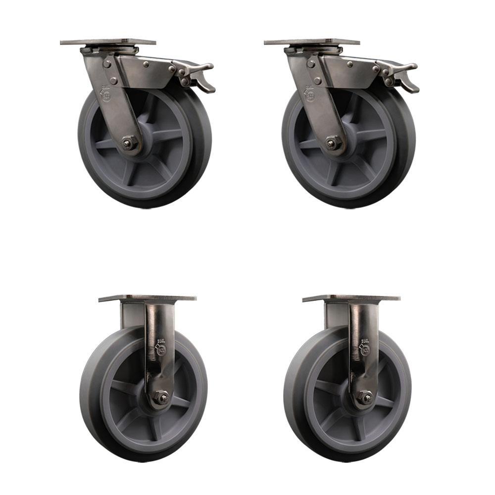 316 Stainless Steel Heavy Duty Swivel Caster Set of 4 with 8 Inch Thermoplastic Rubber Flat Tread Wheels and Delrin Bearings -Includes 2 Swivel with Total Lock Brakes and 2 Rigid- Service Caster Brand — photo 1