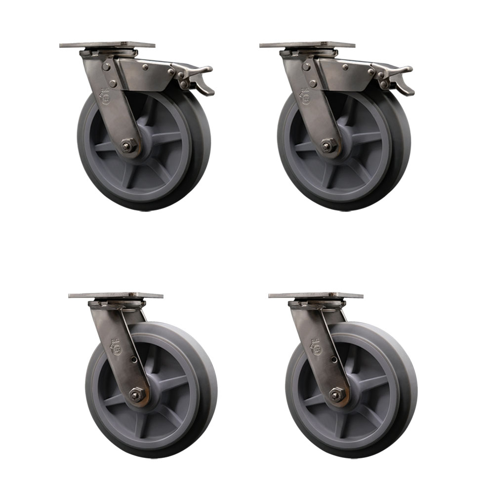 316 Stainless Steel Heavy Duty Swivel Caster Set of 4 with 8 Inch Thermoplastic Rubber Flat Tread Wheels and Delrin Bearings - Includes 4 Swivel with 2 Total Lock Brakes - Service Caster Brand — photo 1