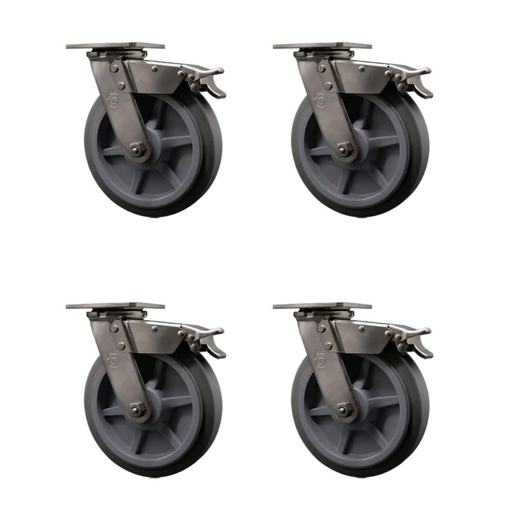 316 Stainless Steel Heavy Duty Swivel Caster Set of 4 with 8 Inch Thermoplastic Rubber Flat Tread Wheels and Ball Bearings - Includes 4 Swivel with Total Lock Brakes - Service Caster Brand — photo 1