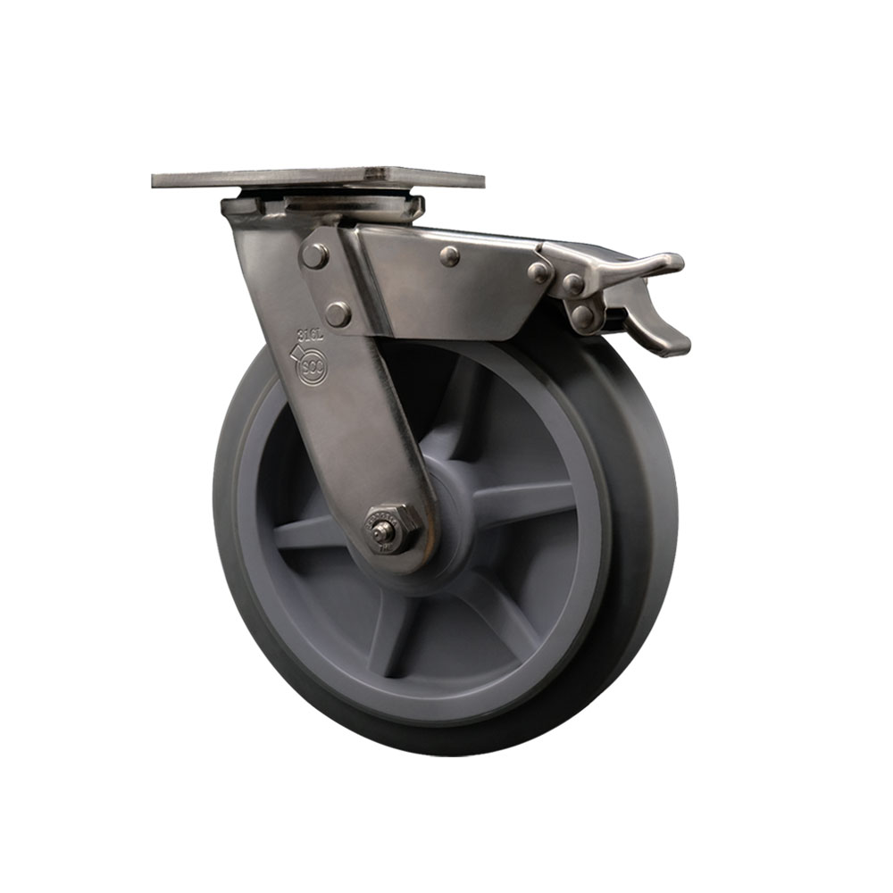 316 Stainless Steel Heavy Duty Swivel Top Plate Caster with Total Lock Brake and 8 Inch Thermoplastic Rubber Flat Tread Wheel with Ball Bearings - 600 lbs. Capacity/Caster - Service Caster Brand — photo 1