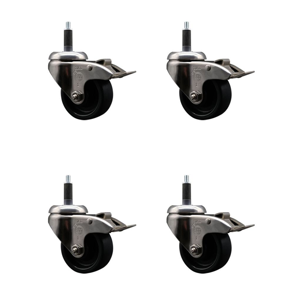 Polyolefin Swivel Stem Caster Wheels Set of 4 with 3 Inch Black Wheels - 1" Expanding Stems - 316 Stainless Steel Casters - Includes 4 Swivel Casters with Total Lock Brakes - Service Caster Brand — photo 1
