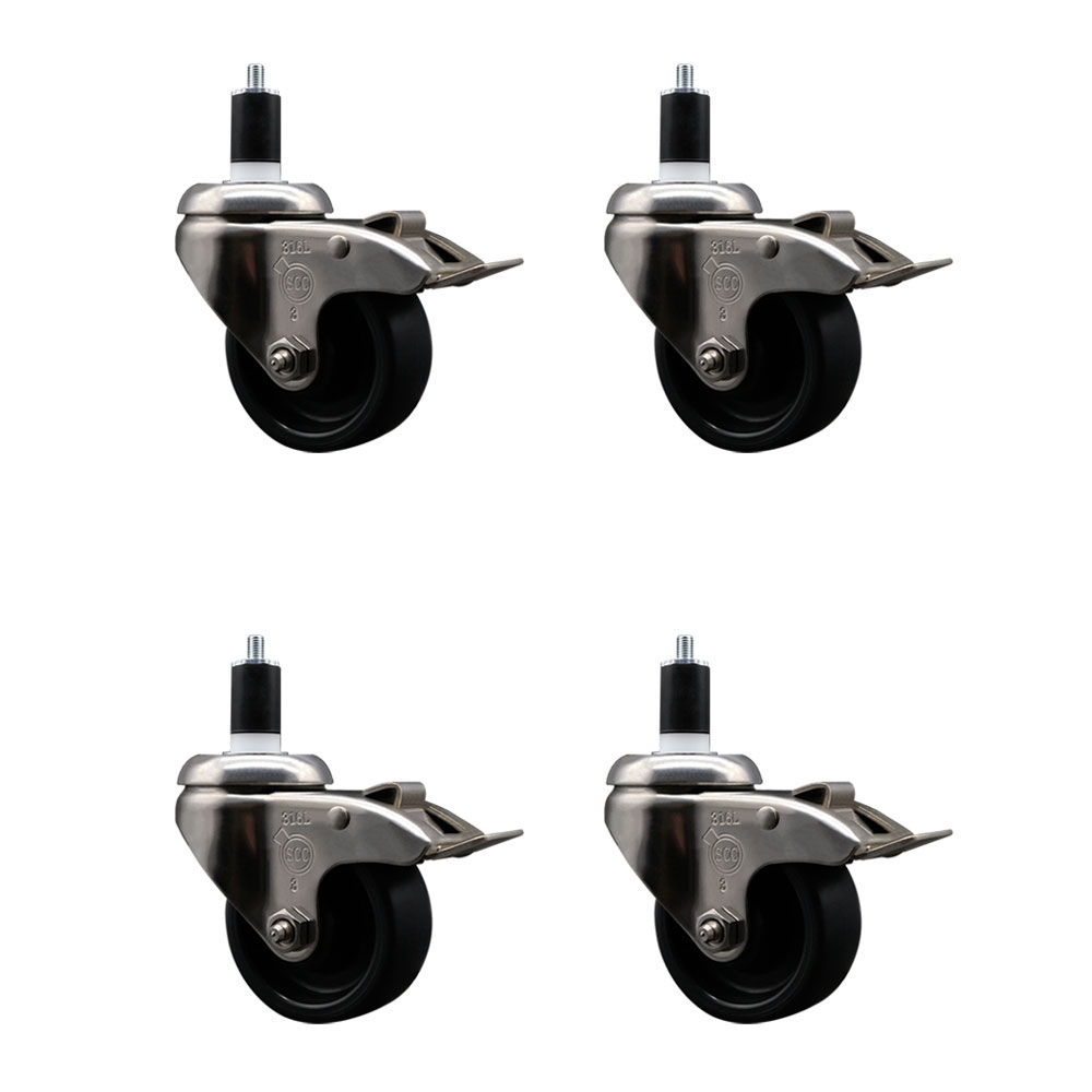 Polyolefin Swivel Stem Caster Wheels Set of 4 with 3 Inch Black Wheels - 1-1/2" Expanding Stems - 316 Stainless Steel Casters - Includes 4 Swivel Casters with Total Lock Brakes - Service Caster Brand — photo 1