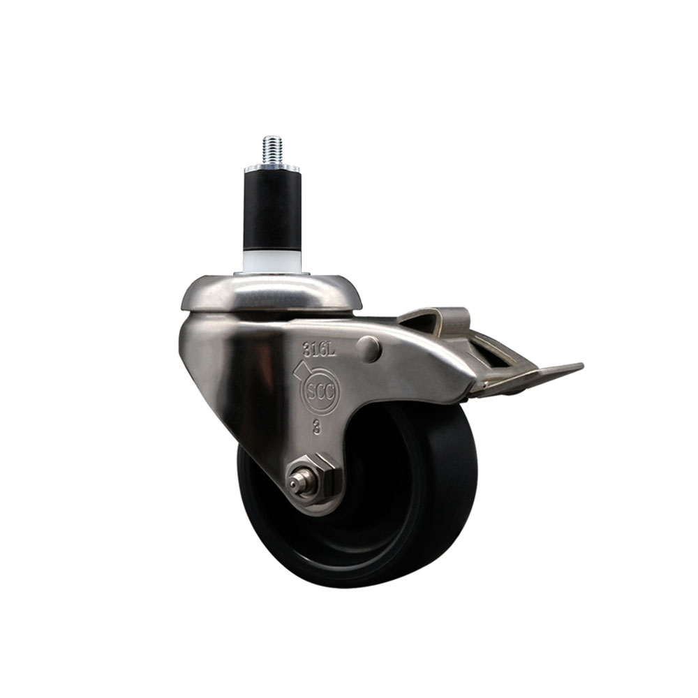 Polyolefin Swivel Stem Caster Wheel with 3 Inch Black Wheel and Total Lock Brake - 1-1/2" Expanding Stem - 316 Stainless Steel Caster - 300 lbs. Capacity Per Caster - Service Caster Brand — photo 1