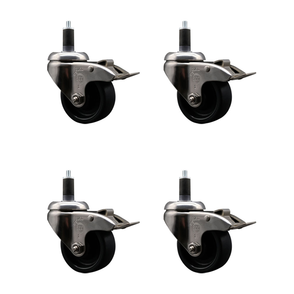 Polyolefin Swivel Stem Caster Wheels Set of 4 with 3 Inch Black Wheels - 1-1/4" Expanding Stems - 316 Stainless Steel Casters - Includes 4 Swivel Casters with Total Lock Brakes - Service Caster Brand — photo 1
