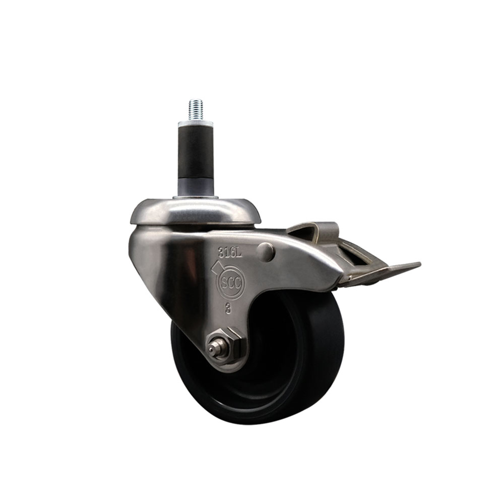 Polyolefin Swivel Stem Caster Wheel with 3 Inch Black Wheel and Total Lock Brake - 1-1/4" Expanding Stem - 316 Stainless Steel Caster - 300 lbs. Capacity Per Caster - Service Caster Brand — photo 1