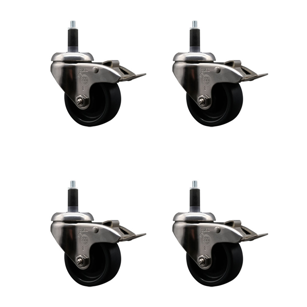 Polyolefin Swivel Stem Caster Wheels Set of 4 with 3 Inch Black Wheels - 1-1/8" Expanding Stems - 316 Stainless Steel Casters - Includes 4 Swivel Casters with Total Lock Brakes - Service Caster Brand — photo 1