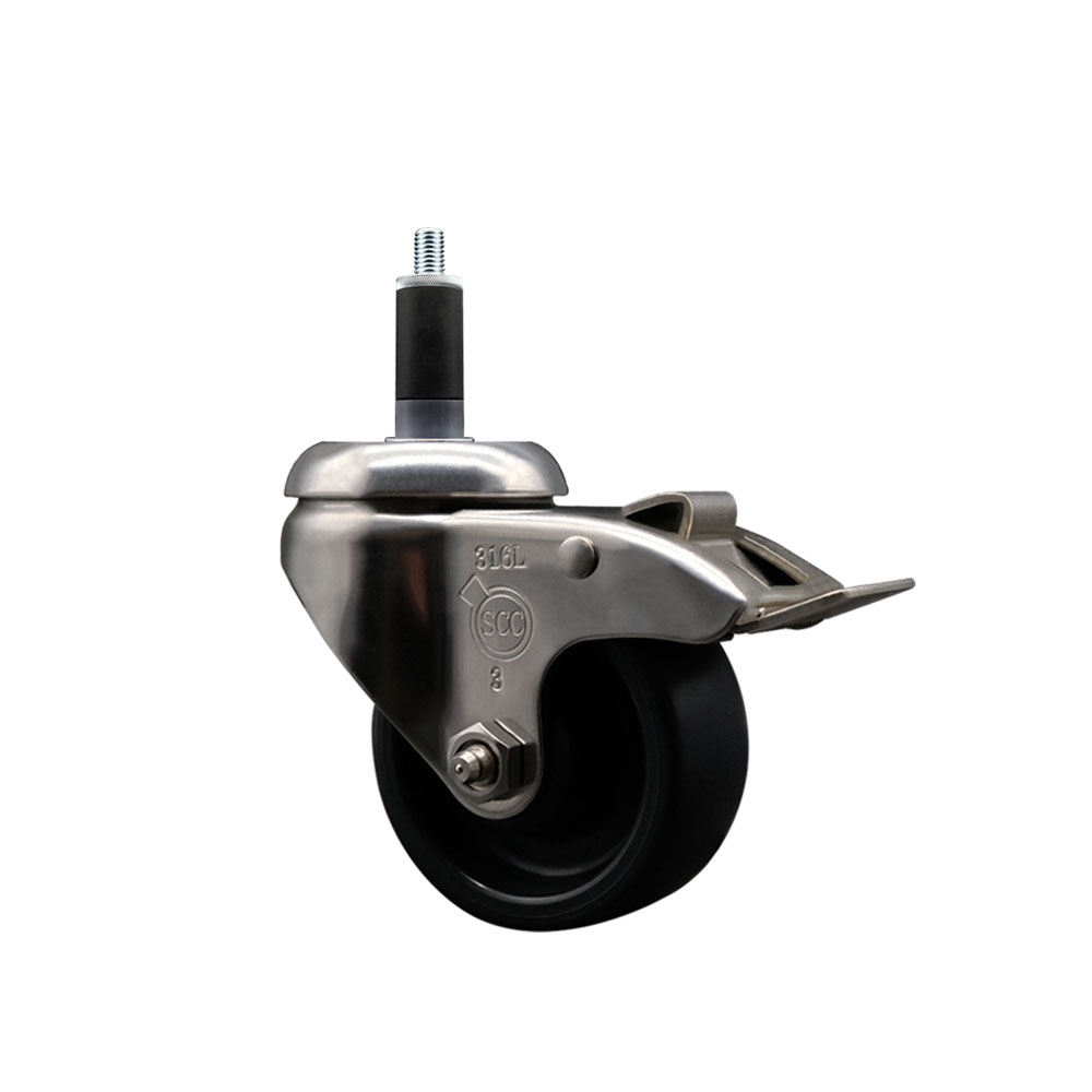 Polyolefin Swivel Stem Caster Wheel with 3 Inch Black Wheel and Total Lock Brake - 1-1/8" Expanding Stem - 316 Stainless Steel Caster - 300 lbs. Capacity Per Caster - Service Caster Brand — photo 1