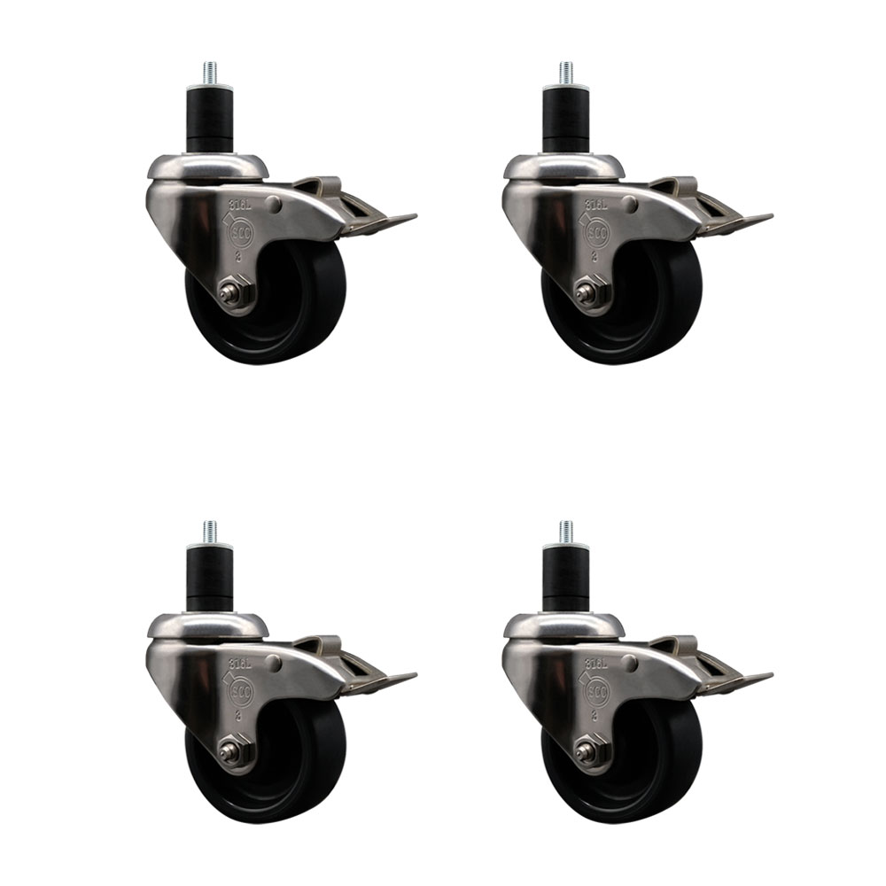 Polyolefin Swivel Stem Caster Wheels Set of 4 with 3 Inch Black Wheels - 1-3/4" Expanding Stems - 316 Stainless Steel Casters - Includes 4 Swivel Casters with Total Lock Brakes - Service Caster Brand — photo 1