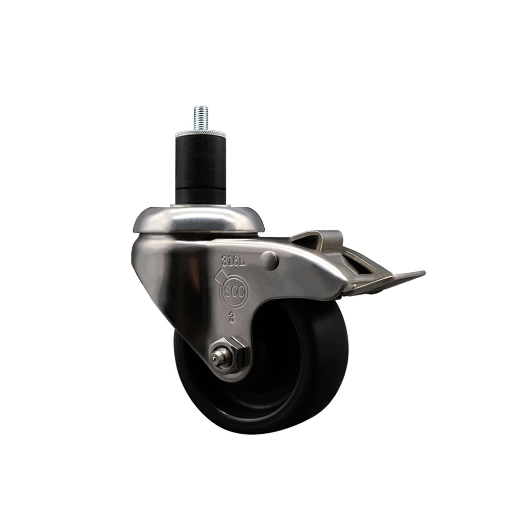 Polyolefin Swivel Stem Caster Wheel with 3 Inch Black Wheel and Total Lock Brake - 1-3/4" Expanding Stem - 316 Stainless Steel Caster - 300 lbs. Capacity Per Caster - Service Caster Brand — photo 1