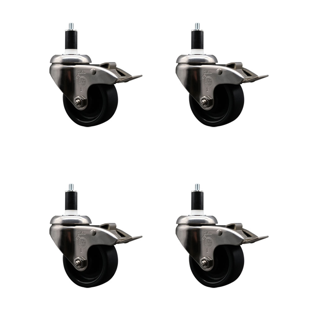 Polyolefin Swivel Stem Caster Wheels Set of 4 with 3 Inch Black Wheels - 1-3/8" Expanding Stems - 316 Stainless Steel Casters - Includes 4 Swivel Casters with Total Lock Brakes - Service Caster Brand — photo 1