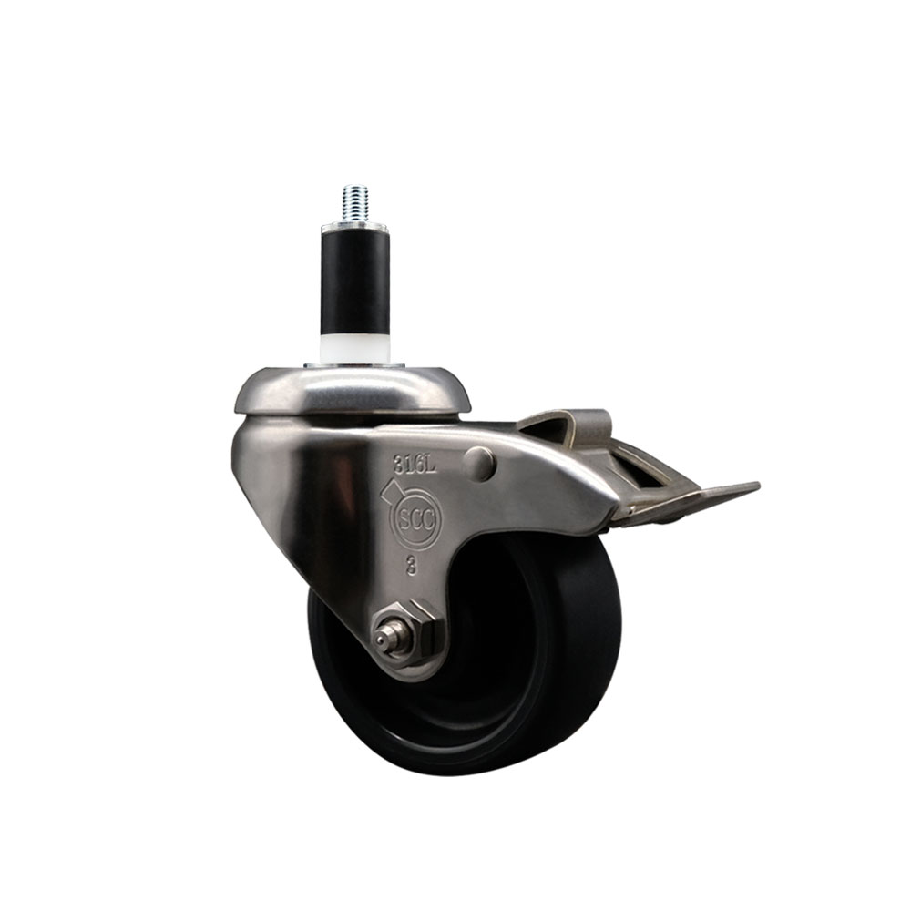 Polyolefin Swivel Stem Caster Wheel with 3 Inch Black Wheel and Total Lock Brake - 1-3/8" Expanding Stem - 316 Stainless Steel Caster - 300 lbs. Capacity Per Caster - Service Caster Brand — photo 1