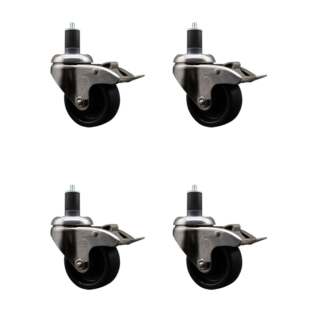 Polyolefin Swivel Stem Caster Wheels Set of 4 with 3 Inch Black Wheels - 1-5/8" Expanding Stems - 316 Stainless Steel Casters - Includes 4 Swivel Casters with Total Lock Brakes - Service Caster Brand — photo 1