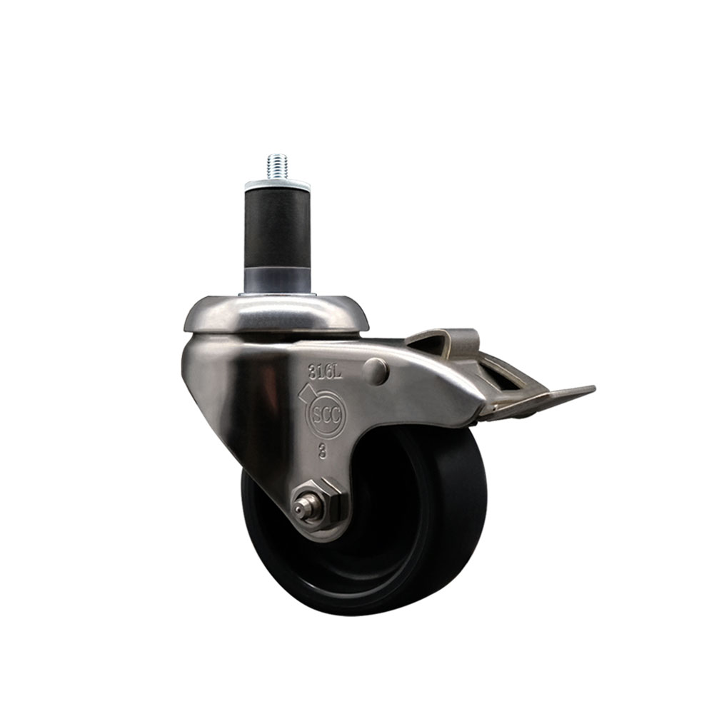 Polyolefin Swivel Stem Caster Wheel with 3 Inch Black Wheel and Total Lock Brake - 1-5/8" Expanding Stem - 316 Stainless Steel Caster - 300 lbs. Capacity Per Caster - Service Caster Brand — photo 1