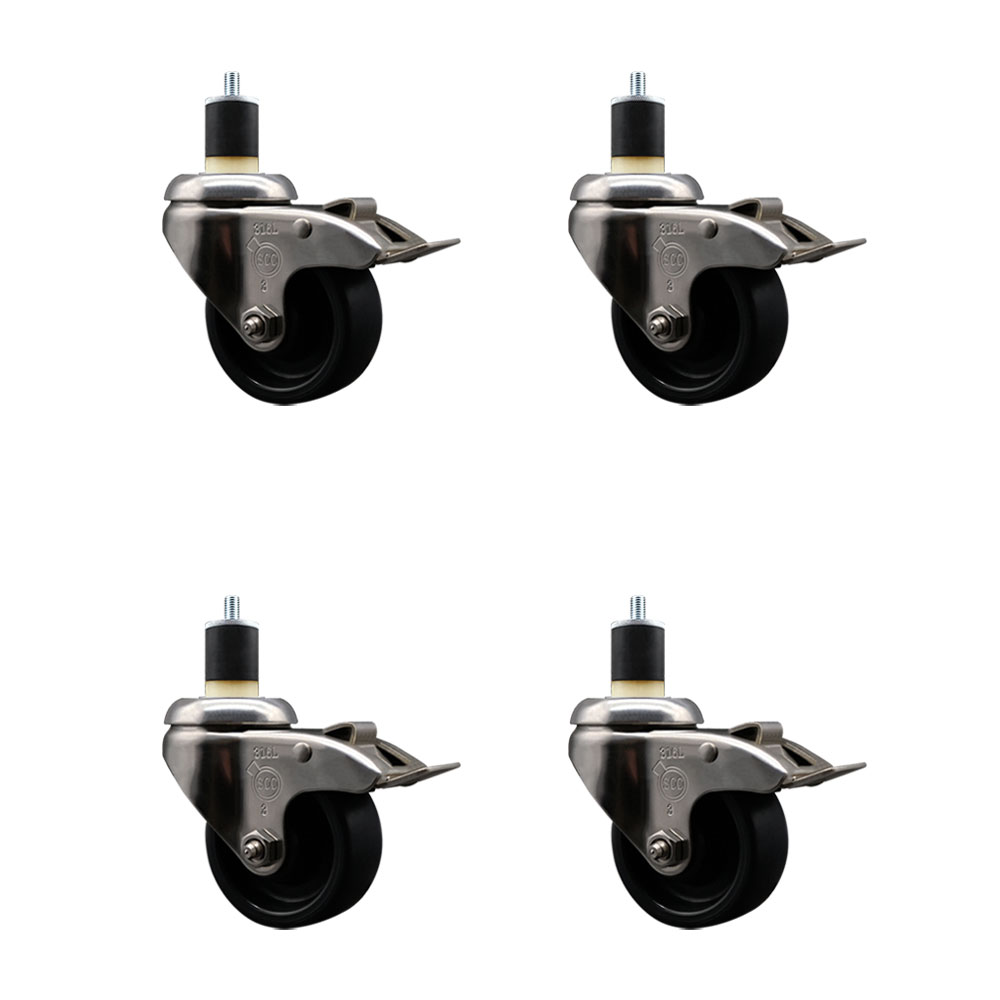 Polyolefin Swivel Stem Caster Wheels Set of 4 with 3 Inch Black Wheels - 1-7/8" Expanding Stems - 316 Stainless Steel Casters - Includes 4 Swivel Casters with Total Lock Brakes - Service Caster Brand — photo 1