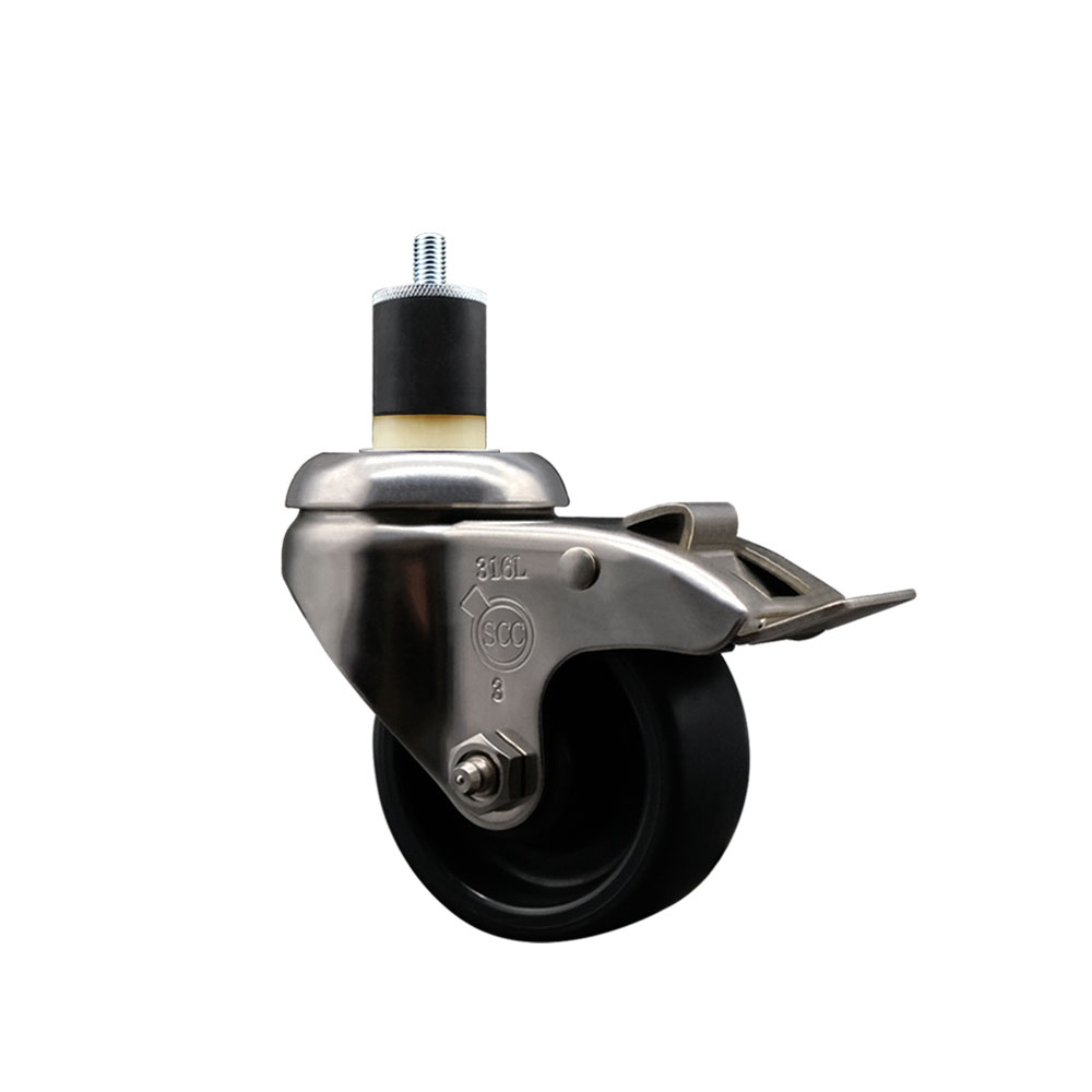 Polyolefin Swivel Stem Caster Wheel with 3 Inch Black Wheel and Total Lock Brake - 1-7/8" Expanding Stem - 316 Stainless Steel Caster - 300 lbs. Capacity Per Caster - Service Caster Brand — photo 1