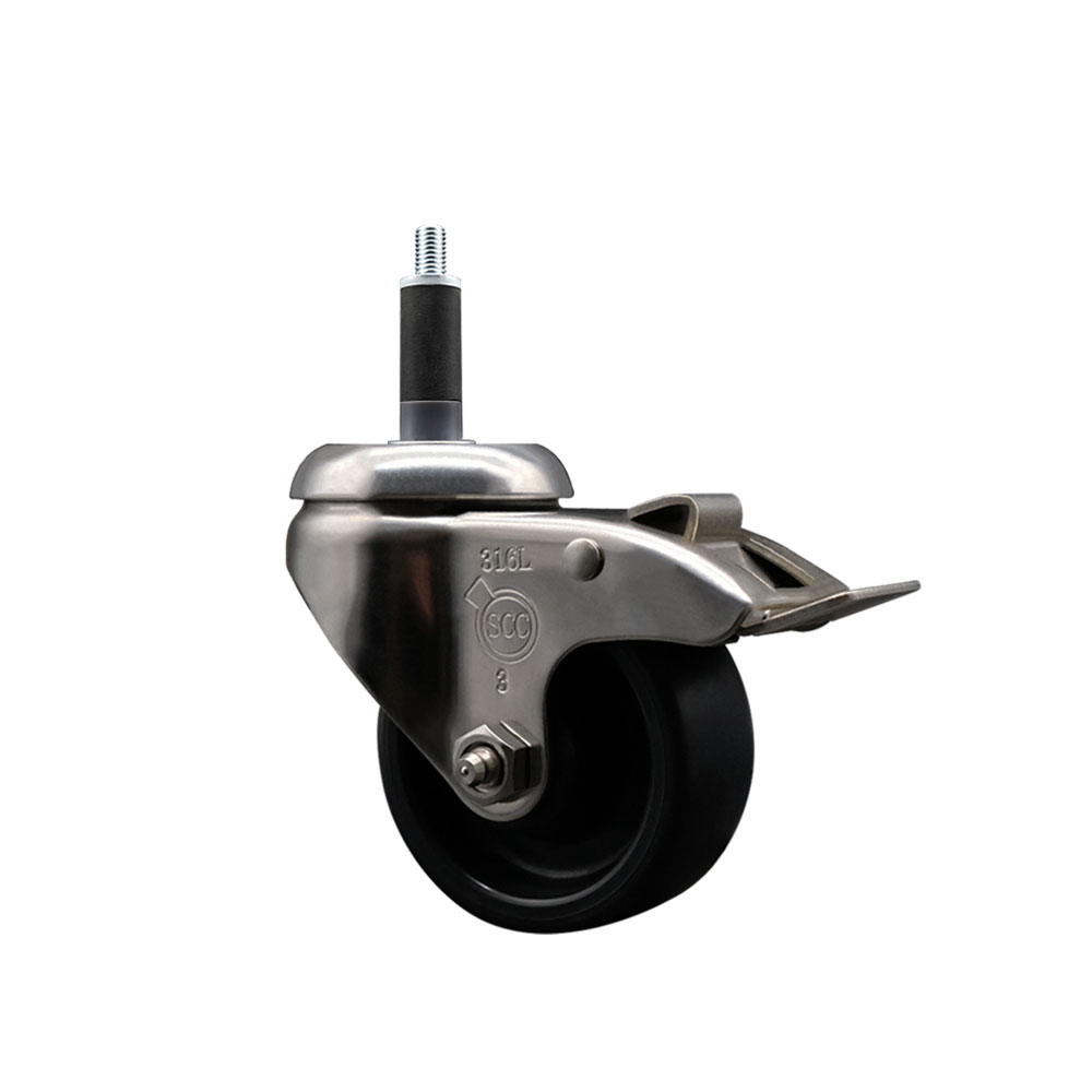 Polyolefin Swivel Stem Caster Wheel with 3 Inch Black Wheel and Total Lock Brake - 1" Expanding Stem - 316 Stainless Steel Caster - 300 lbs. Capacity Per Caster - Service Caster Brand — photo 1