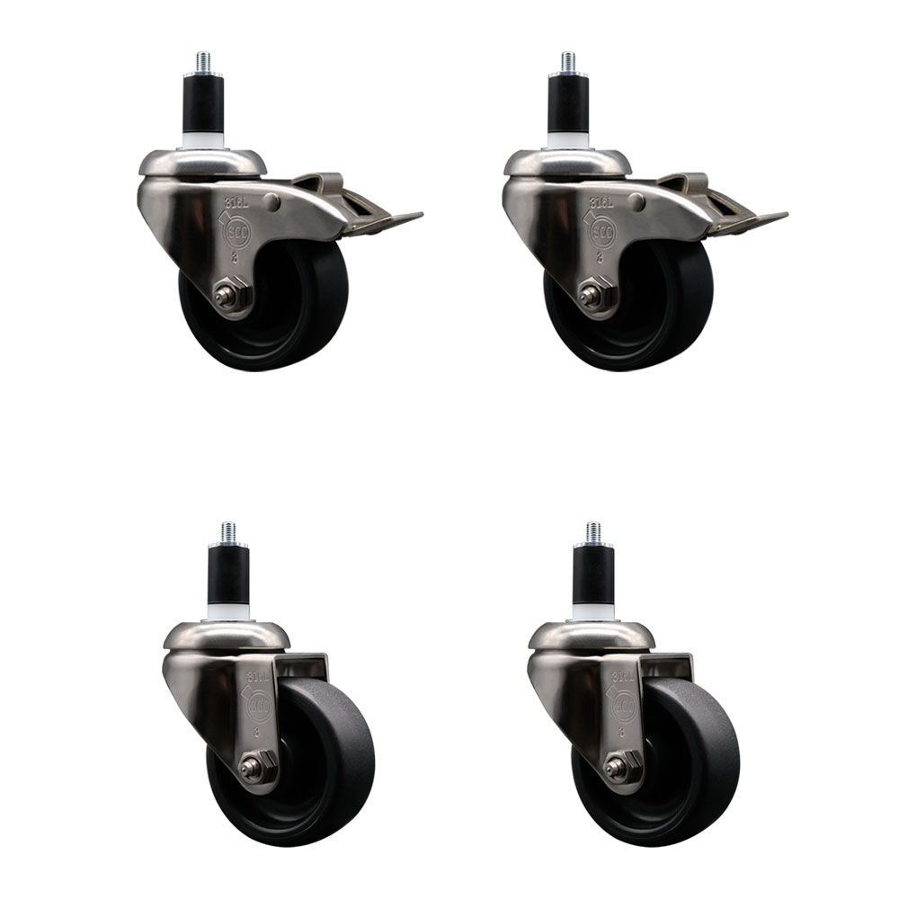 Polyolefin Swivel Stem Caster Wheels Set of 4 with 3 Inch Black Wheels - 1-1/2" Expanding Stem - 316 Stainless Steel Casters-Includes 2 Swivel with Total Lock Brakes and 2 Swivel- Service Caster Brand — photo 1