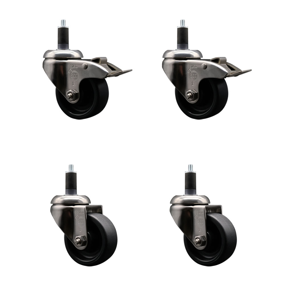 Polyolefin Swivel Stem Caster Wheels Set of 4 with 3 Inch Black Wheels - 1-1/4" Expanding Stem - 316 Stainless Steel Casters-Includes 2 Swivel with Total Lock Brakes and 2 Swivel- Service Caster Brand — photo 1