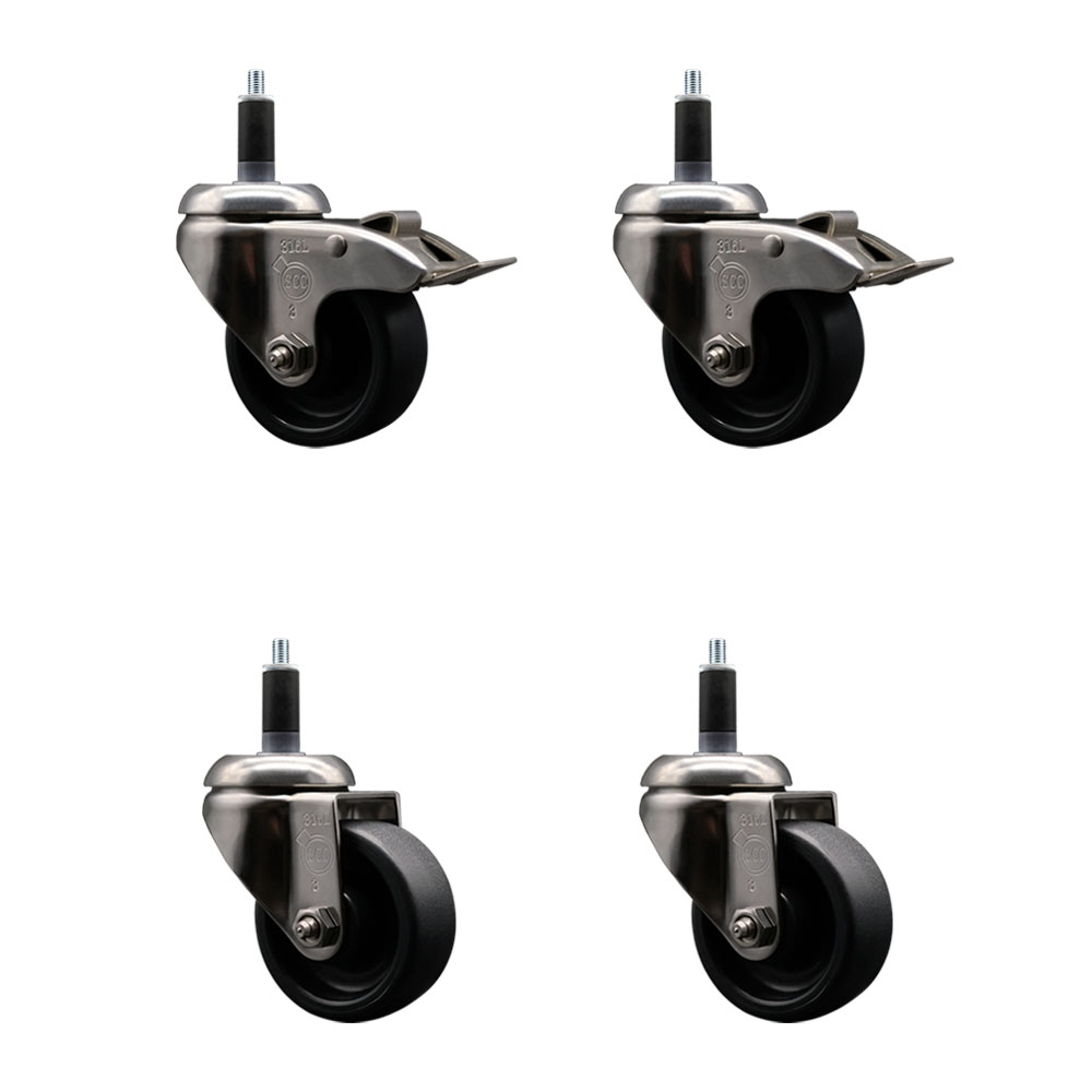 Polyolefin Swivel Stem Caster Wheels Set of 4 with 3 Inch Black Wheels - 1-1/8" Expanding Stem - 316 Stainless Steel Casters-Includes 2 Swivel with Total Lock Brakes and 2 Swivel- Service Caster Brand — photo 1