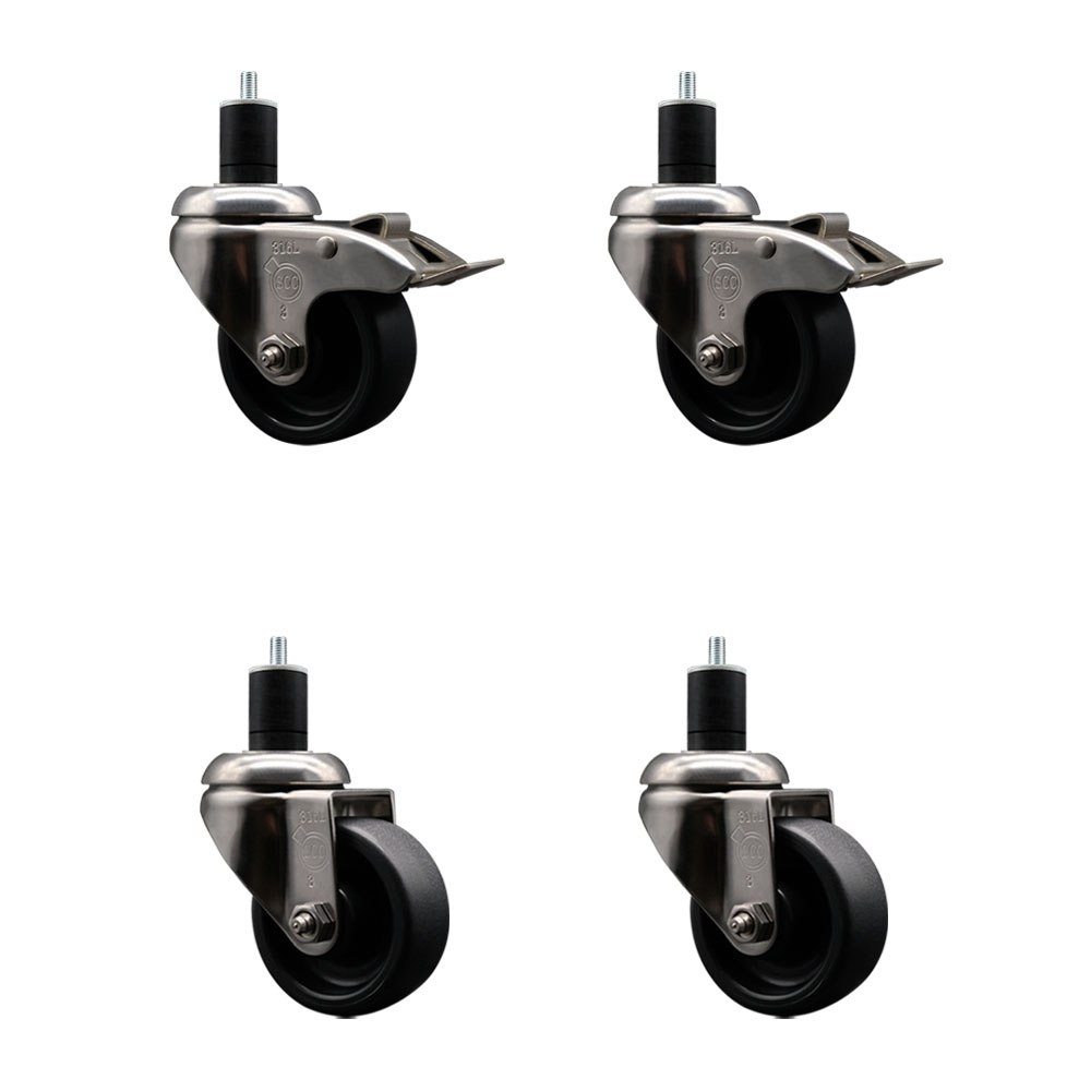 Polyolefin Swivel Stem Caster Wheels Set of 4 with 3 Inch Black Wheels - 1-3/4" Expanding Stem - 316 Stainless Steel Casters-Includes 2 Swivel with Total Lock Brakes and 2 Swivel- Service Caster Brand — photo 1