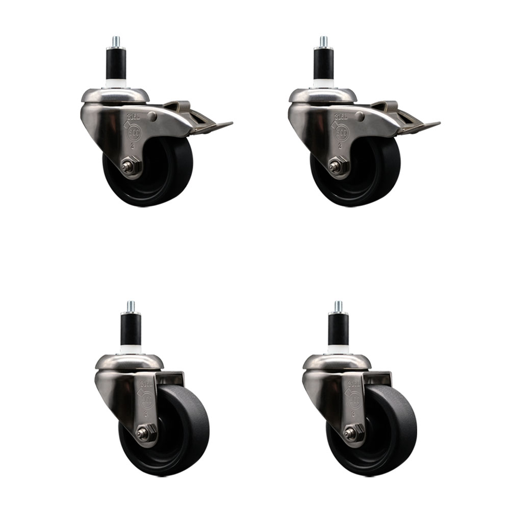 Polyolefin Swivel Stem Caster Wheels Set of 4 with 3 Inch Black Wheels - 1-3/8" Expanding Stem - 316 Stainless Steel Casters-Includes 2 Swivel with Total Lock Brakes and 2 Swivel- Service Caster Brand — photo 1