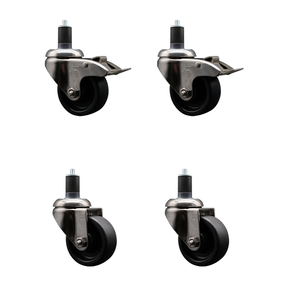 Polyolefin Swivel Stem Caster Wheels Set of 4 with 3 Inch Black Wheels - 1-5/8" Expanding Stem - 316 Stainless Steel Casters-Includes 2 Swivel with Total Lock Brakes and 2 Swivel- Service Caster Brand — photo 1