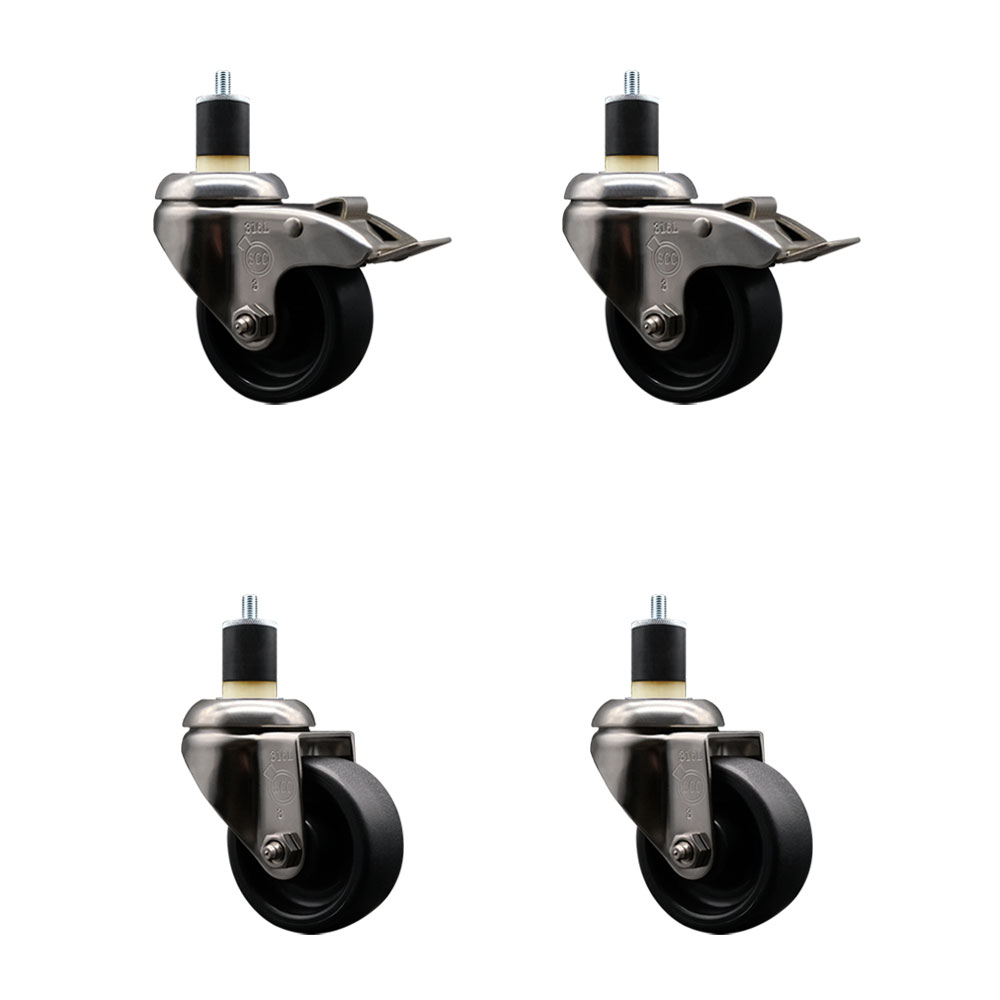 Polyolefin Swivel Stem Caster Wheels Set of 4 with 3 Inch Black Wheels - 1-7/8" Expanding Stem - 316 Stainless Steel Casters-Includes 2 Swivel with Total Lock Brakes and 2 Swivel- Service Caster Brand — photo 1
