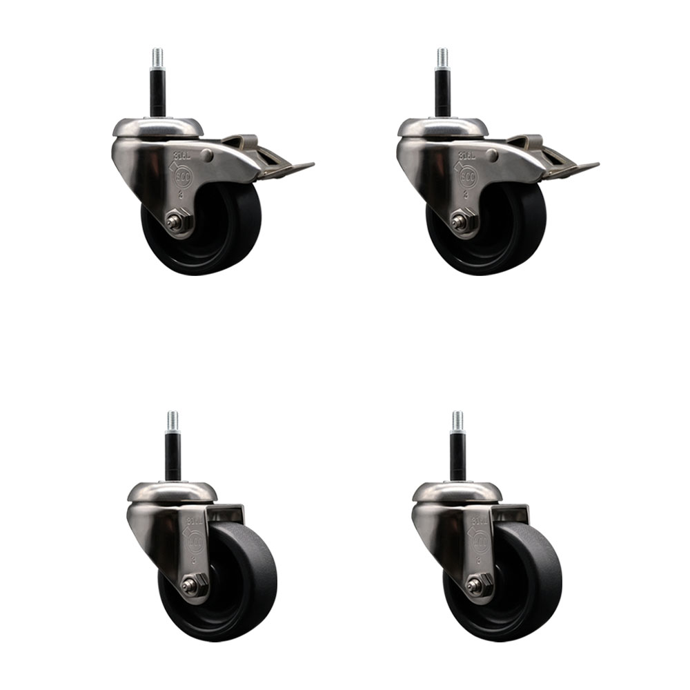 Polyolefin Swivel Stem Caster Wheels Set of 4 with 3 Inch Black Wheels - 3/4" Expanding Stem - 316 Stainless Steel Casters-Includes 2 Swivel with Total Lock Brakes and 2 Swivel- Service Caster Brand — photo 1