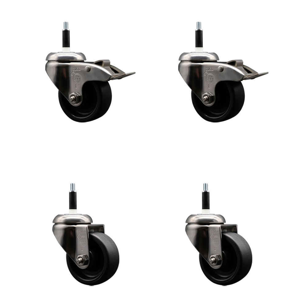 Polyolefin Swivel Stem Caster Wheels Set of 4 with 3 Inch Black Wheels - 7/8" Expanding Stem - 316 Stainless Steel Casters-Includes 2 Swivel with Total Lock Brakes and 2 Swivel- Service Caster Brand — photo 1