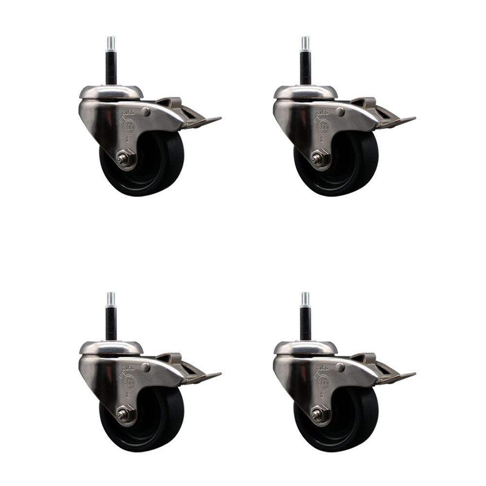 Polyolefin Swivel Stem Caster Wheels Set of 4 with 3 Inch Black Wheels - 3/4" Expanding Stems - 316 Stainless Steel Casters - Includes 4 Swivel Casters with Total Lock Brakes - Service Caster Brand — photo 1
