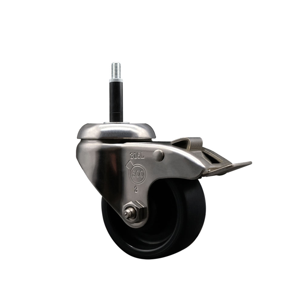 Polyolefin Swivel Stem Caster Wheel with 3 Inch Black Wheel and Total Lock Brake - 3/4" Expanding Stem - 316 Stainless Steel Caster - 300 lbs. Capacity Per Caster - Service Caster Brand — photo 1