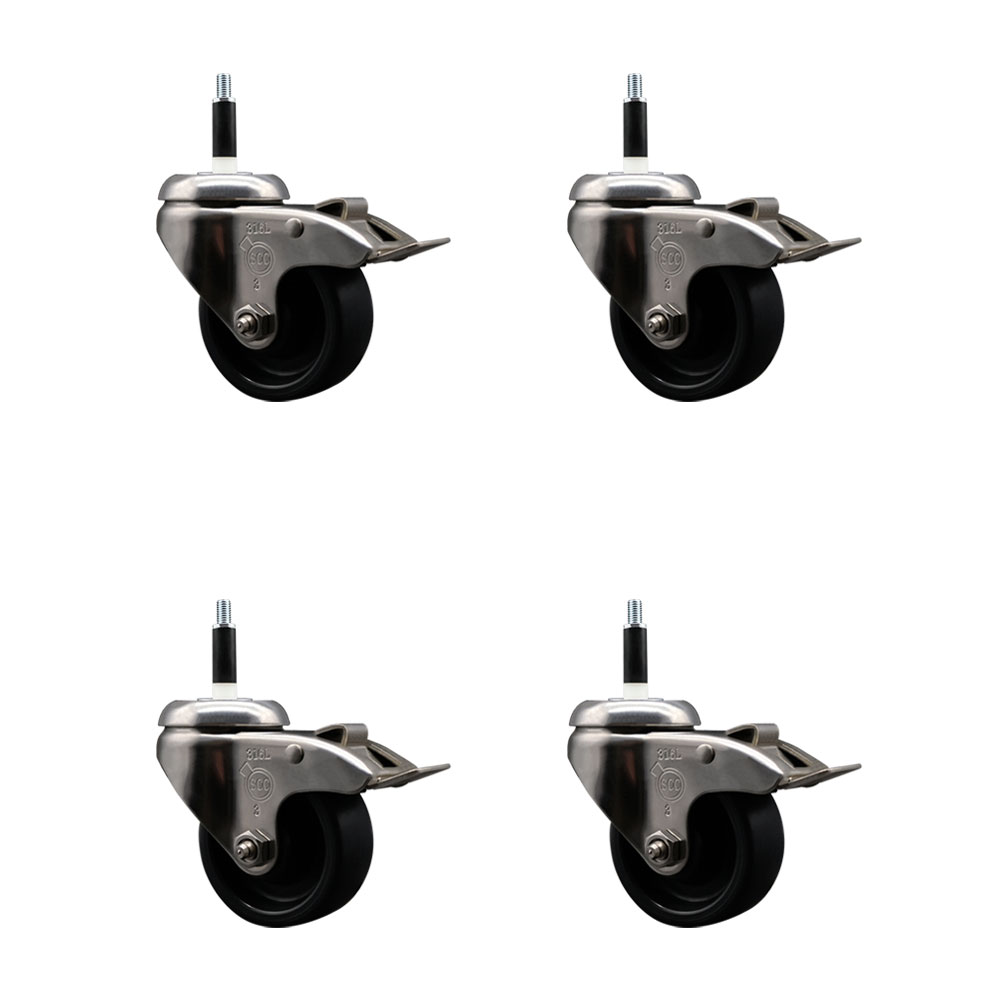 Polyolefin Swivel Stem Caster Wheels Set of 4 with 3 Inch Black Wheels - 7/8" Expanding Stems - 316 Stainless Steel Casters - Includes 4 Swivel Casters with Total Lock Brakes - Service Caster Brand — photo 1