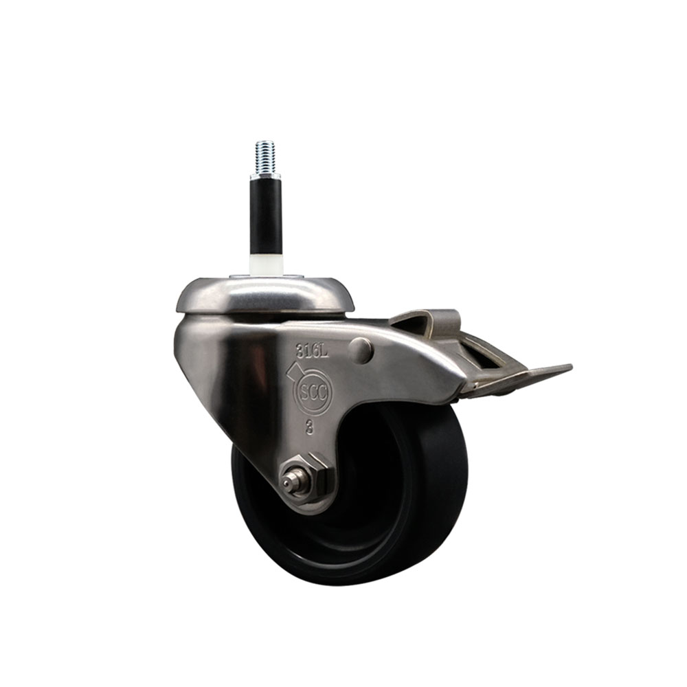 Polyolefin Swivel Stem Caster Wheel with 3 Inch Black Wheel and Total Lock Brake - 7/8" Expanding Stem - 316 Stainless Steel Caster - 300 lbs. Capacity Per Caster - Service Caster Brand — photo 1