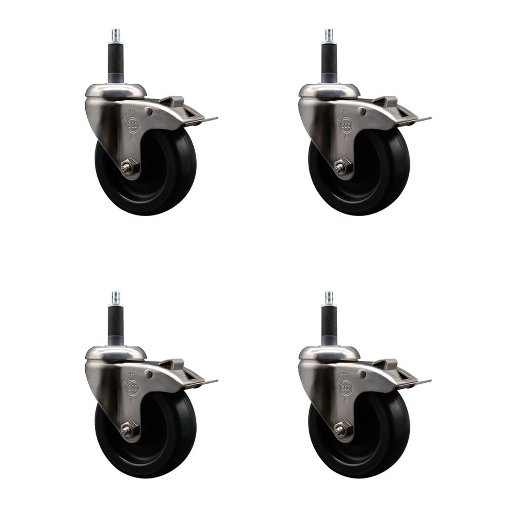 Polyolefin Swivel Stem Caster Wheels Set of 4 with 4 Inch Black Wheels - 1" Expanding Stems - 316 Stainless Steel Casters - Includes 4 Swivel Casters with Total Lock Brakes - Service Caster Brand — photo 1