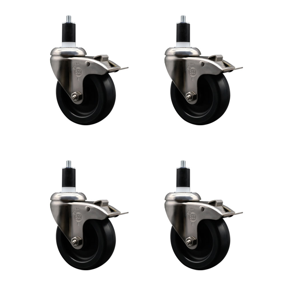 Polyolefin Swivel Stem Caster Wheels Set of 4 with 4 Inch Black Wheels - 1-1/2" Expanding Stems - 316 Stainless Steel Casters - Includes 4 Swivel Casters with Total Lock Brakes - Service Caster Brand — photo 1