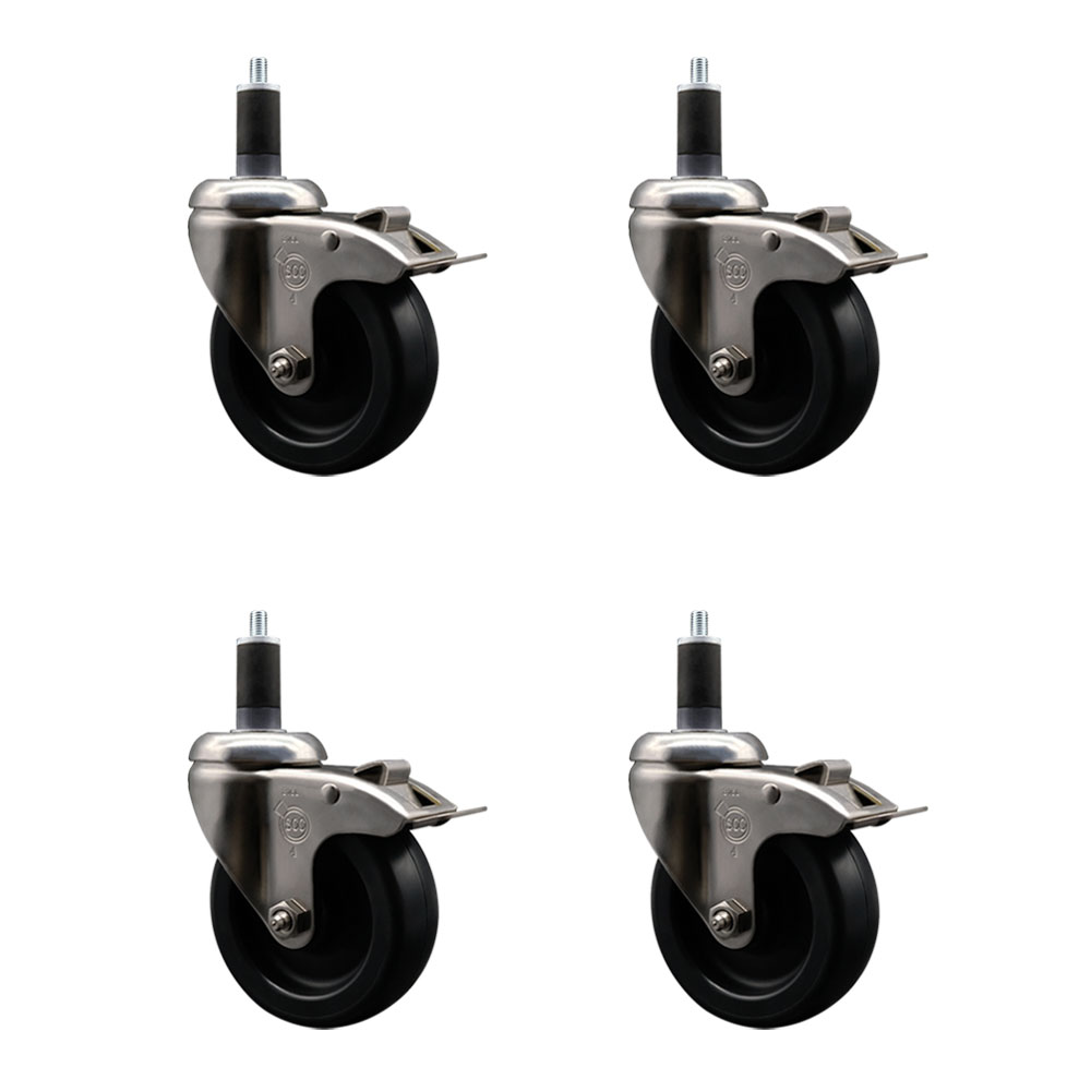 Polyolefin Swivel Stem Caster Wheels Set of 4 with 4 Inch Black Wheels - 1-1/4" Expanding Stems - 316 Stainless Steel Casters - Includes 4 Swivel Casters with Total Lock Brakes - Service Caster Brand — photo 1