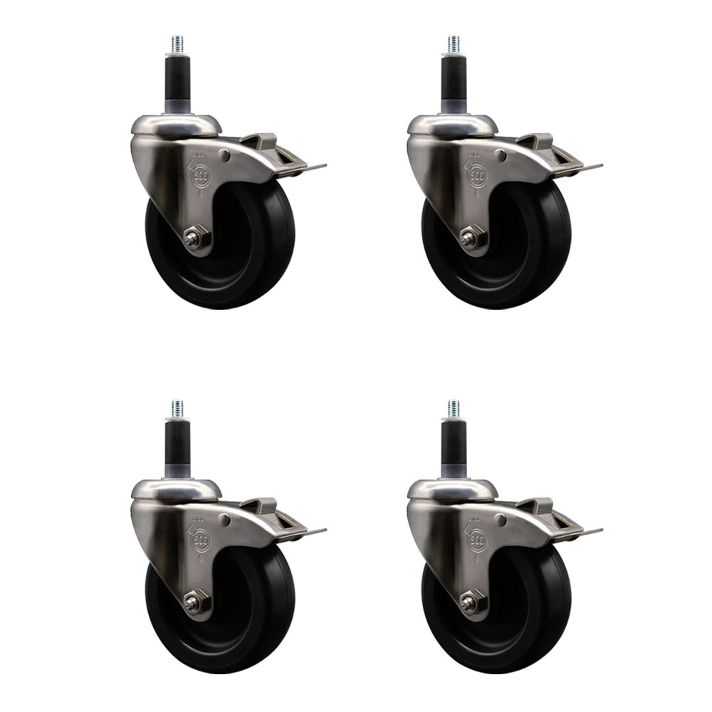 Polyolefin Swivel Stem Caster Wheels Set of 4 with 4 Inch Black Wheels - 1-1/8" Expanding Stems - 316 Stainless Steel Casters - Includes 4 Swivel Casters with Total Lock Brakes - Service Caster Brand — photo 1