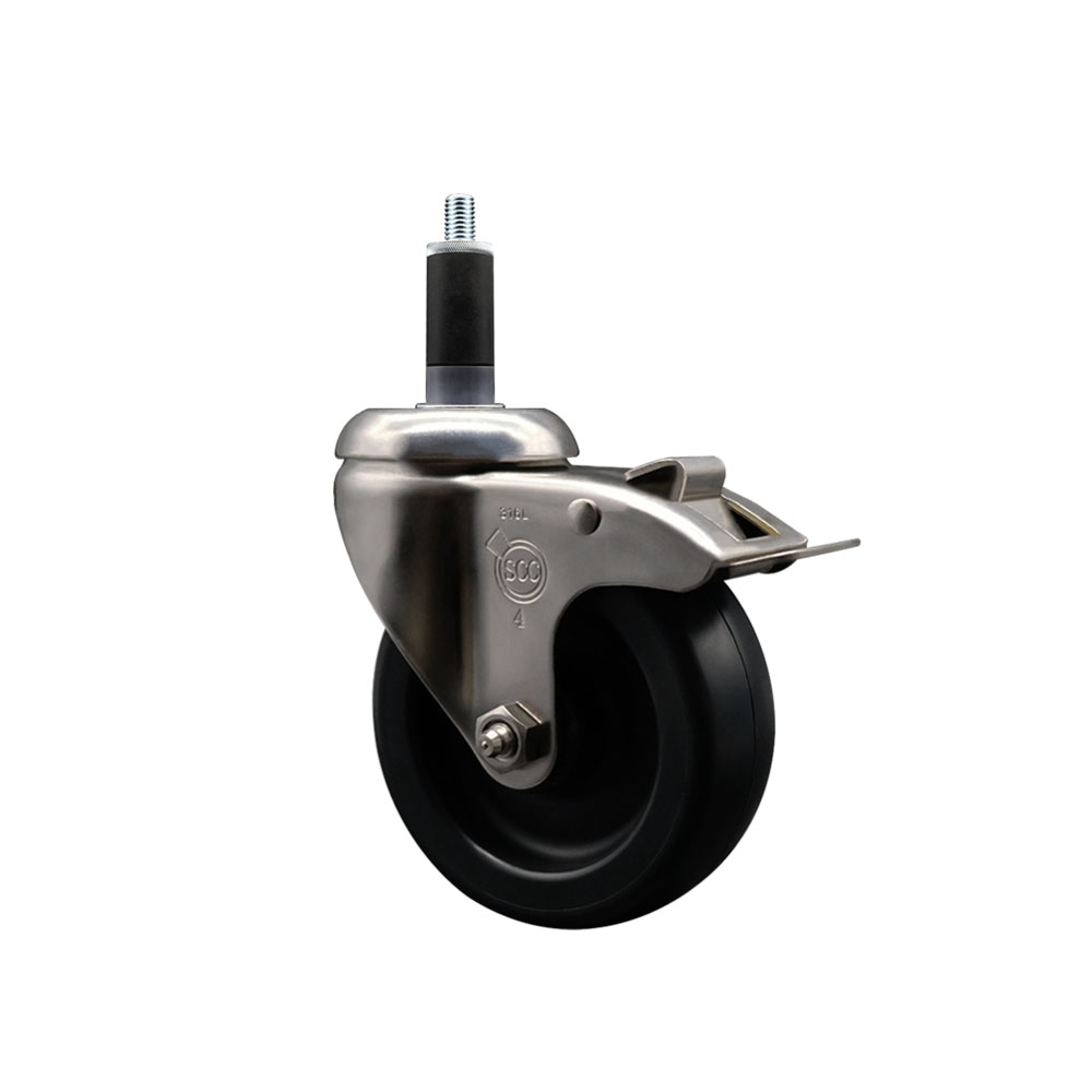 Polyolefin Swivel Stem Caster Wheel with 4 Inch Black Wheel and Total Lock Brake - 1-1/8" Expanding Stem - 316 Stainless Steel Caster - 350 lbs. Capacity Per Caster - Service Caster Brand — photo 1