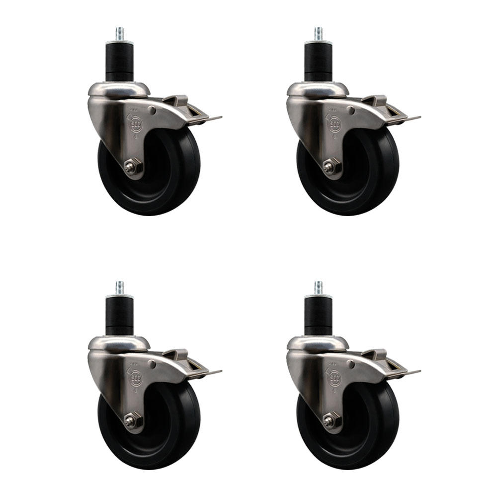 Polyolefin Swivel Stem Caster Wheels Set of 4 with 4 Inch Black Wheels - 1-3/4" Expanding Stems - 316 Stainless Steel Casters - Includes 4 Swivel Casters with Total Lock Brakes - Service Caster Brand — photo 1