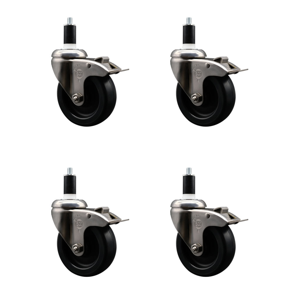 Polyolefin Swivel Stem Caster Wheels Set of 4 with 4 Inch Black Wheels - 1-3/8" Expanding Stems - 316 Stainless Steel Casters - Includes 4 Swivel Casters with Total Lock Brakes - Service Caster Brand — photo 1