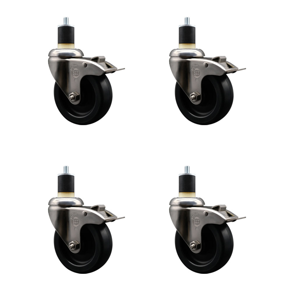 Polyolefin Swivel Stem Caster Wheels Set of 4 with 4 Inch Black Wheels - 1-7/8" Expanding Stems - 316 Stainless Steel Casters - Includes 4 Swivel Casters with Total Lock Brakes - Service Caster Brand — photo 1