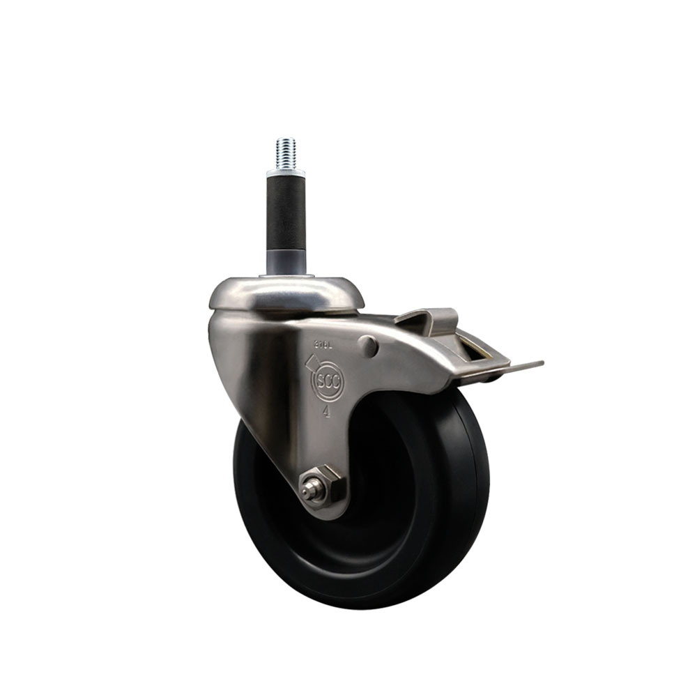 Polyolefin Swivel Stem Caster Wheel with 4 Inch Black Wheel and Total Lock Brake - 1" Expanding Stem - 316 Stainless Steel Caster - 350 lbs. Capacity Per Caster - Service Caster Brand — photo 1