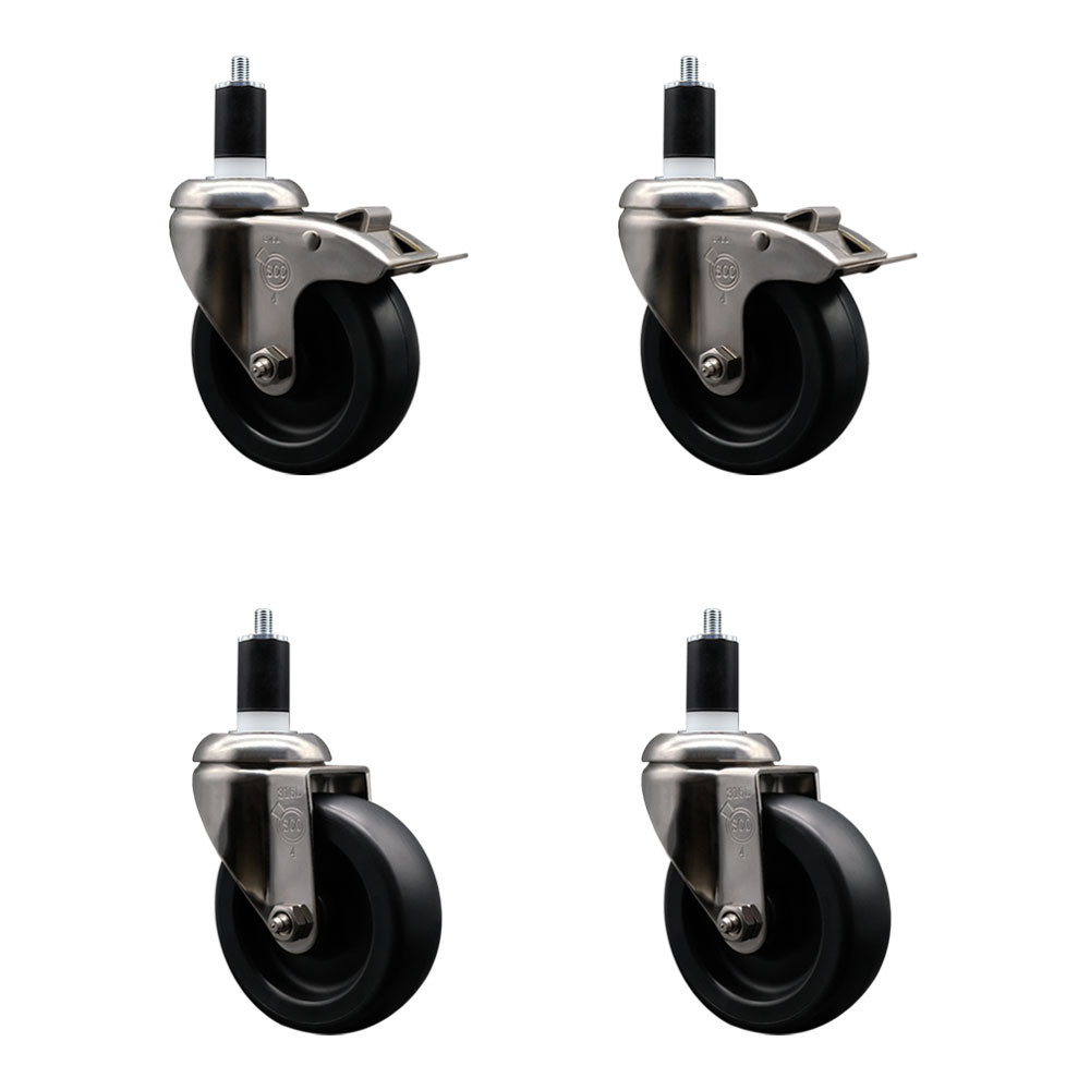 Polyolefin Swivel Stem Caster Wheels Set of 4 with 4 Inch Black Wheels - 1-1/2" Expanding Stem - 316 Stainless Steel Casters-Includes 2 Swivel with Total Lock Brakes and 2 Swivel- Service Caster Brand — photo 1