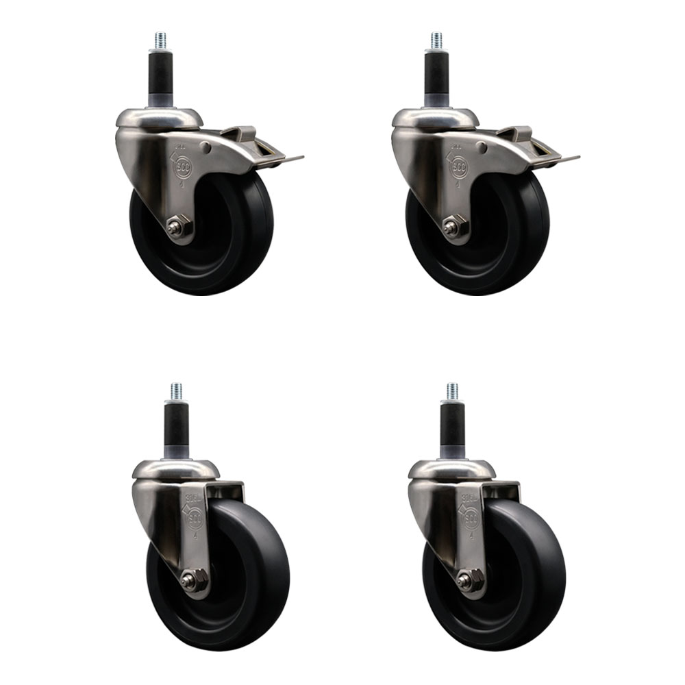 Polyolefin Swivel Stem Caster Wheels Set of 4 with 4 Inch Black Wheels - 1-1/8" Expanding Stem - 316 Stainless Steel Casters-Includes 2 Swivel with Total Lock Brakes and 2 Swivel- Service Caster Brand — photo 1