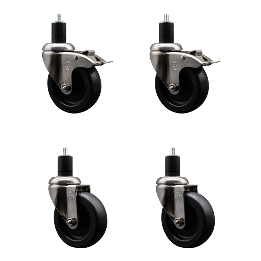 Polyolefin Swivel Stem Caster Wheels Set of 4 with 4 Inch Black Wheels - 1-3/4" Expanding Stem - 316 Stainless Steel Casters-Includes 2 Swivel with Total Lock Brakes and 2 Swivel- Service Caster Brand — photo 1