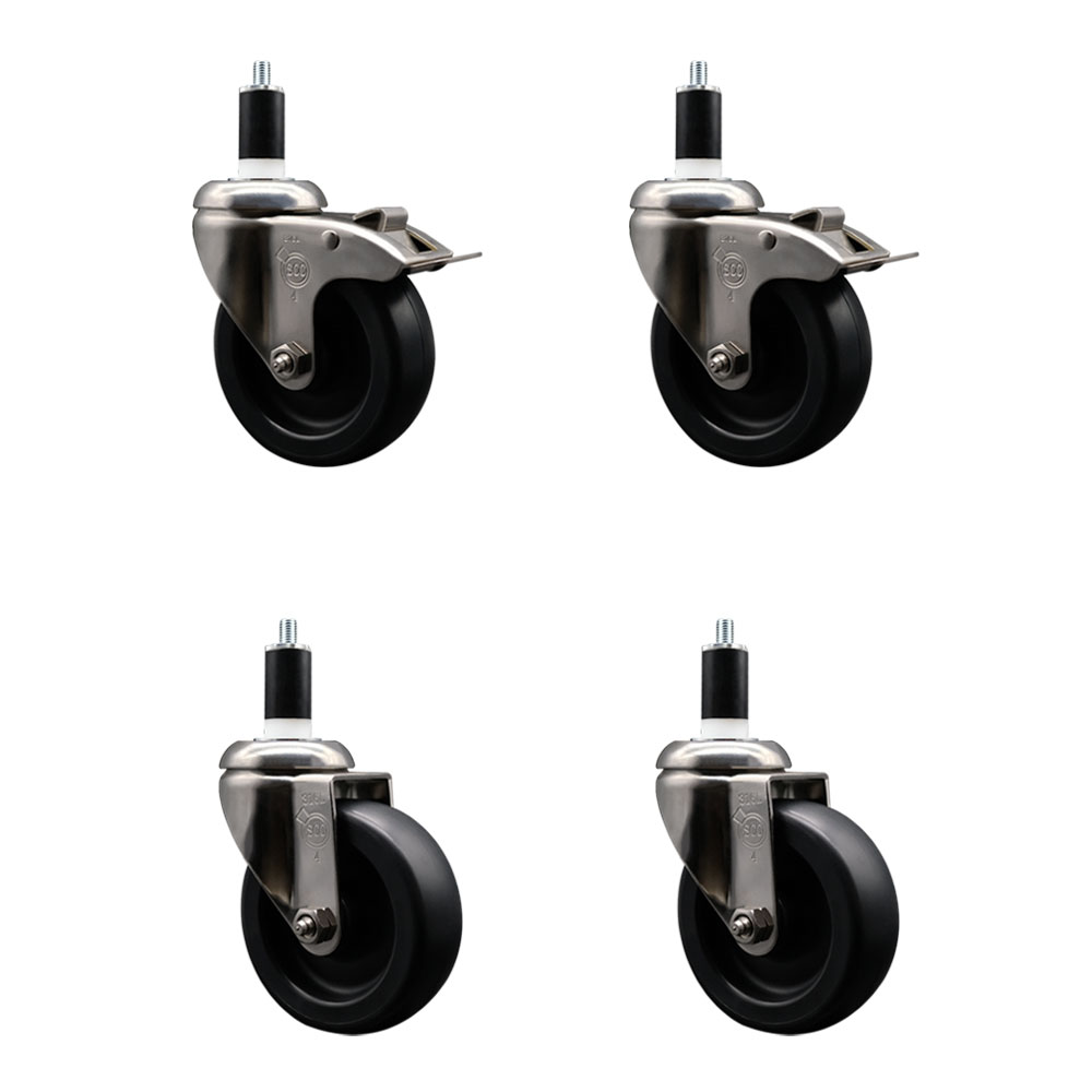 Polyolefin Swivel Stem Caster Wheels Set of 4 with 4 Inch Black Wheels - 1-3/8" Expanding Stem - 316 Stainless Steel Casters-Includes 2 Swivel with Total Lock Brakes and 2 Swivel- Service Caster Brand — photo 1