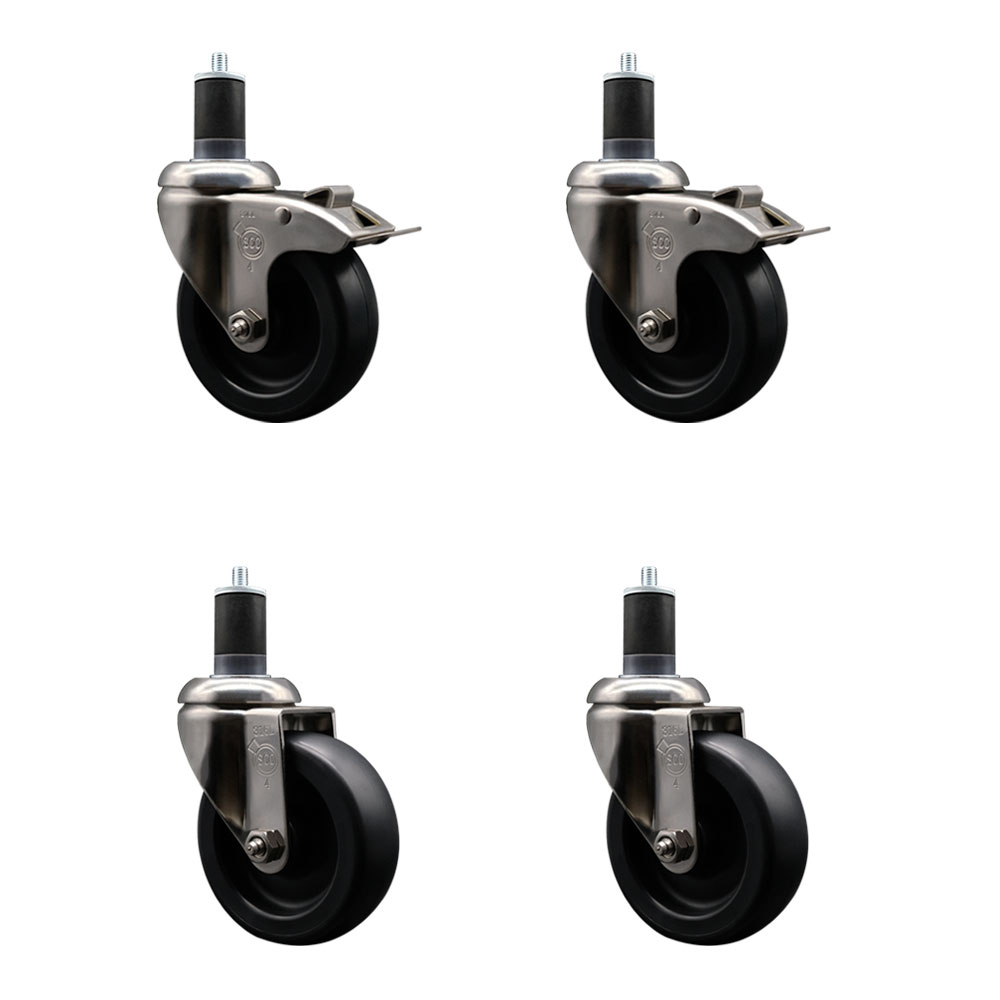 Polyolefin Swivel Stem Caster Wheels Set of 4 with 4 Inch Black Wheels - 1-5/8" Expanding Stem - 316 Stainless Steel Casters-Includes 2 Swivel with Total Lock Brakes and 2 Swivel- Service Caster Brand — photo 1